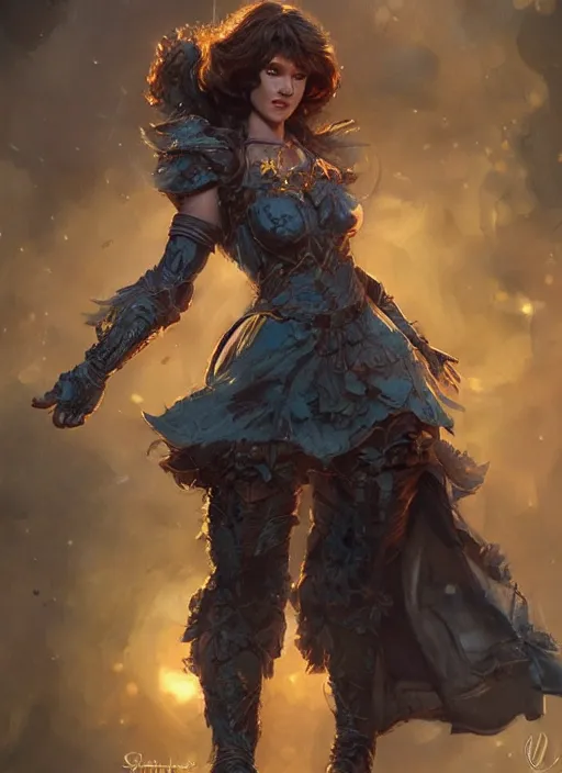 Image similar to beautiful female dorothy gale, milla jovovich as dorothy, full body character concept, armor, super powers, fantasy, intricate, elegant, highly detailed, digital painting, artstation, concept art, shining, sharp focus, illustration, art by stanley lau