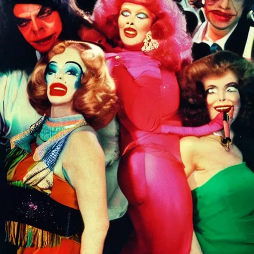 Prompt: 1976 film still glamorous woman photo and anthropological stomach, live action children's tv show, 16mm film live technicolor 1976, wacky colorful, in style of john waters doris wishman
