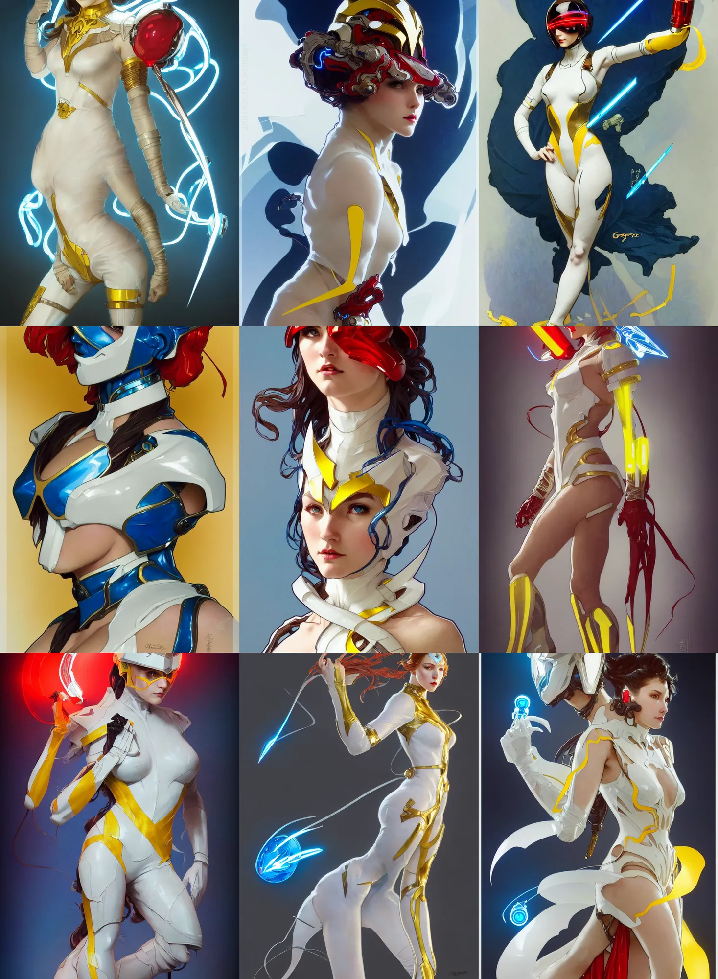 Image similar to a full body character design by artgerm, greg rutkowski and alphonse mucha. sci - fi dagger. laser white and yellow tape and red translucent plastic tape project show attctive showgirl!! sci - fi helmet electric blue eyes!! sharp edges. contour light effect!! ultra detailed, elegant, intricate, octane render.