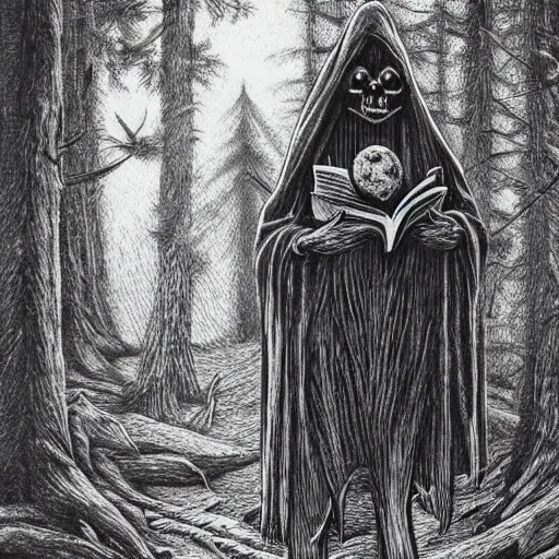 Image similar to a creepy cryptic in the woods holding a book, dark horror art, scary woods