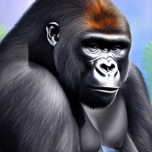 Image similar to a painting of a gorilla, cinematic lighting, hyper realistic painting