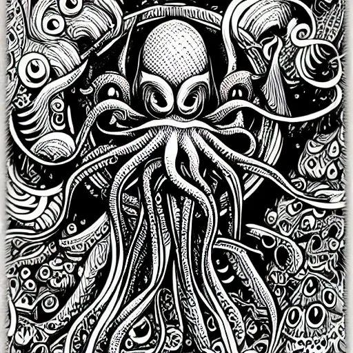 Prompt: abstract illustration of a cute cthulhu sticker by joe fenton , black and white, line art, intricate details