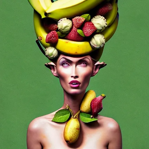Image similar to banana dryad, megan fox editorial by malczewski and arcimboldo, fruit dryad sculpture by arcimboldo, stil frame from'cloudy with a chance of meatballs 2'( 2 0 1 3 ) of banana dryad, banana hybrid megan fox editorial by arcimboldo, banana 🍌