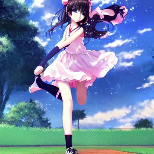 Image similar to this is the most beautiful anime girl playing baseball in the most beautiful artwork of the most beautiful anime girl playing baseball!, artstation!! pixiv!!, scenery art detailed, volumetric lighting, by range murata