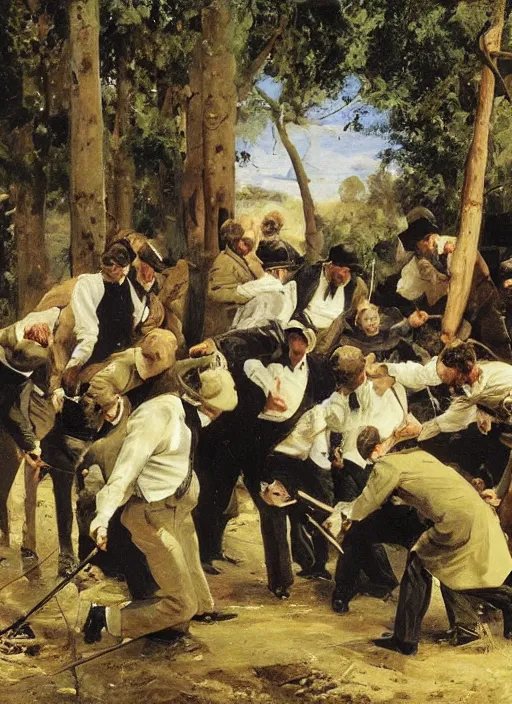 Image similar to artwork painting of the members of the mob dumping a body by eugene von guerard, ivan shishkin, john singer sargent