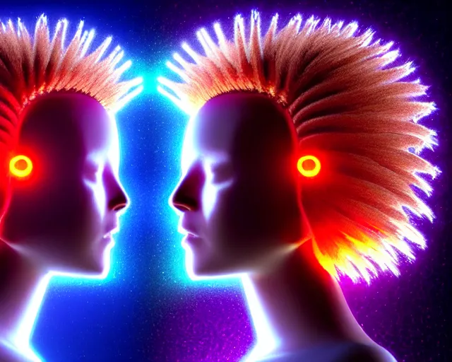 Image similar to glowing hair, complex cybernetic beings, beautiful hairy humanoids, cybermagnetosphere, cybernetic civilizations, ornate hair, love, joy, vortexes, large arrays, data holograms, 8 k, cinematic light shadows, wet hdr refractions, *, * * *, * * * * *