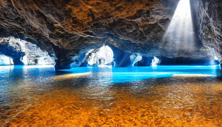 Image similar to Blue cave during the day, blue water, reflections ,god rays, incredible lighting, 4k photography award winning,