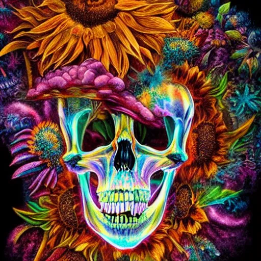 Image similar to a beautiful stunning interesting detailed matte digital painting by Larisa Novik of an anatomically correct heart bursting out of an anatomically correct skeletal rib-cage and exploding into rainbows and sunflowers, epic mind-blowing gorgeous grunge, trending on artstation hq