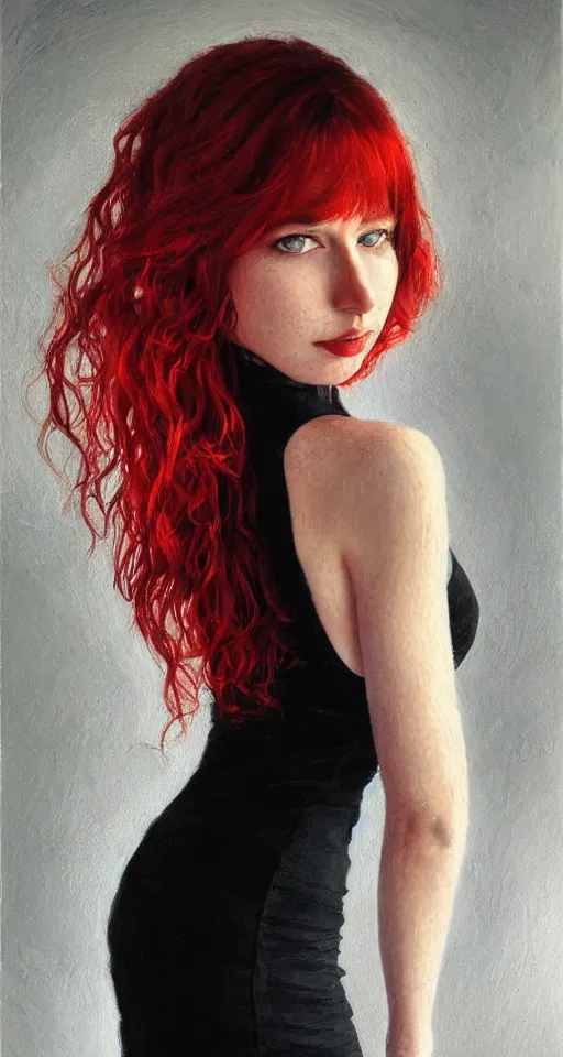 Image similar to beautiful girl, long wavy hair, small nose, freckles, red hair, portrait, photorealistic oil painting, highly detailed, pretty woman, attractive, black dress, tight dress