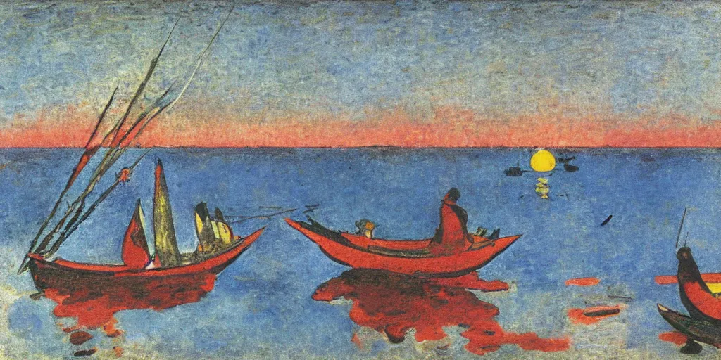 Prompt: rising sun ( ( ( fishing cormorant, fishing boat ) ) ) on the naples bay, by kandinsky