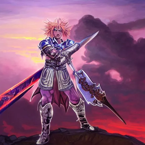 Prompt: painting of siegfried from soulcalibur!!!!!, watching a purple and orange sunset!!, from the black mage cemetery!!!, in the style of justin gerard!!!!