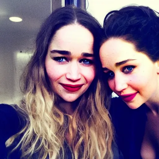 Image similar to a woman who is a genetic combination emilia clarke and jennifer lawrence takes a selfie with a woman who is the genetic combination of emily rudd and taylor swift, medium shot, detailed eyes,