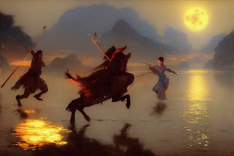 Image similar to wuxia, moon, river, night, painting by gaston bussiere, craig mullins, j. c. leyendecker