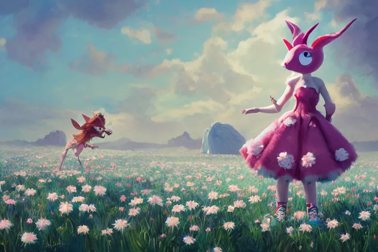 Image similar to anthropomorphic lurantis girl in an ice floe standing in a field of daisies wearing converse shoes and a davey crockett hat, digital illustration by ruan jia on artstation