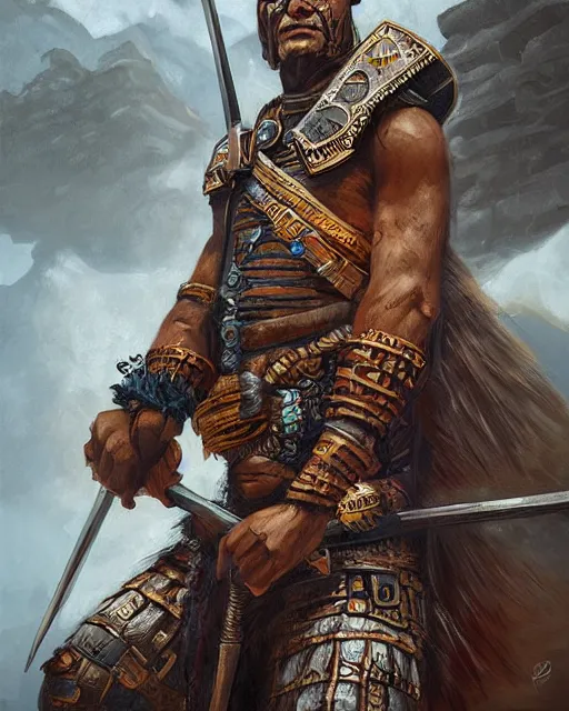 Image similar to digital painting of an incan warrior, art by filipe pagliuso and justin gerard, symmetric, fantasy, highly detailed, realistic, intricate, portrait, sharp focus, tarot card