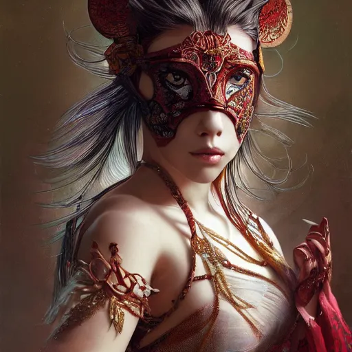 Prompt: a photorealistic dramatic fantasy render of a beautiful woman scarlet johanson wearing a beautiful intricately detailed japanese monkey kitsune mask and clasical japanese kimono by wlop, artgerm, greg rutkowski, alphonse mucha, epic, beautiful dynamic dramatic dark moody lighting, shadows, cinematic atmosphere, artstation, concept design art, octane render, 8 k