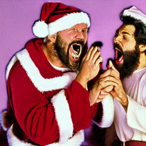 Image similar to Santa and Jesus angrily screaming at each other, 80s movie action battle, crying pink ice cream with a face