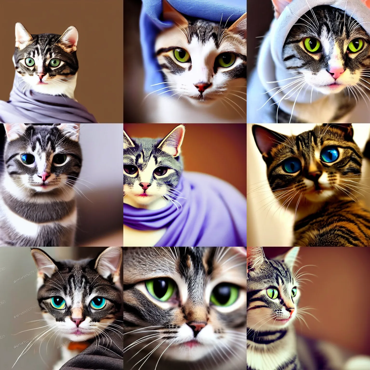 Prompt: cute cat!!! wearing hijab!!!, cat has brown eyes, beautiful, portrait, focused