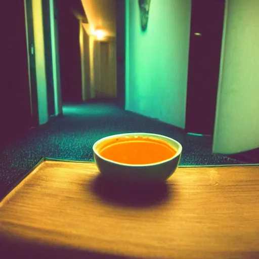 Prompt: a bowl of soup in an empty hotel hallway, mysterious, dark, cosmic, ethereal, mystical, neon lit