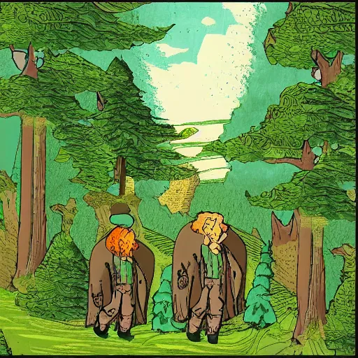 Image similar to a valley with tall trees and two hobbits walking through the forest in the style of J.R.R Tolkien