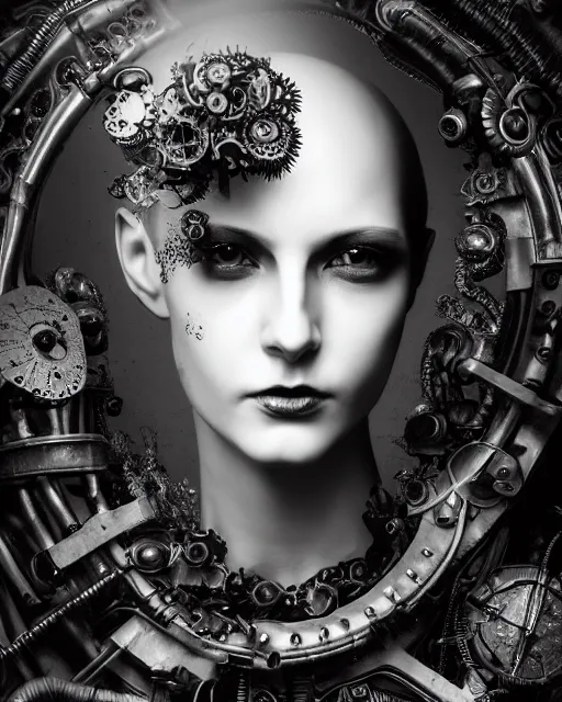 Image similar to black and white dreamy foggy smoky profile face portrait, one silver steampunk eye biomechanical beautiful young female cyclope - cyborg - robot bust, body ribs meshes,, volumetric light, hibiscus flowers, by hg giger, rim light, by dora maar and cecile beaton, big gothic fashion pearl embroidered collar, 8 k