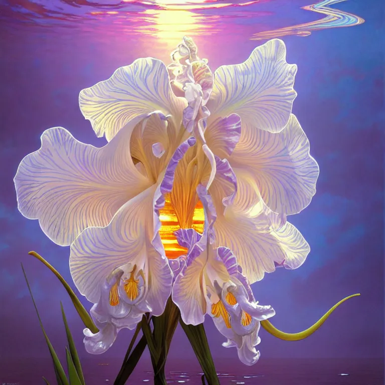 Image similar to detailed giant white holographic orchid iris hybrid flower surrounded by ocean waves, lsd water, lsd ripples, droplets, backlit, sunset, refracted lighting, art by collier, albert aublet, krenz cushart, artem demura, alphonse mucha