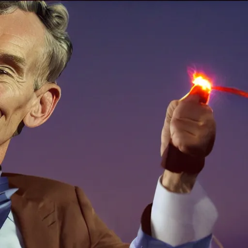 Prompt: wide shot. bill nye the science guy launching a nuclear bomb, looking enlightened, 4k, photography, detailed, detailed face, sharp, cinematic lighting