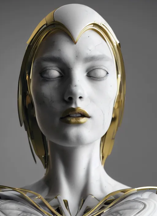 Image similar to a statue made of white marble with gold veins, of an gorgeous futuristic cybernetic angel girl, prostheses, transhumanism, full body shot, perfect symmetrical body, perfect symmetrical face, hyper realistic, hyper detailed, by johannen voss, by peter kemp, by monia merlo, by michelangelo, octane render, blender, 8 k