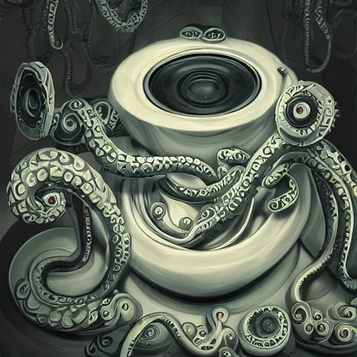 Image similar to toilet bowls with eyes and tentacles, digital artstation painting 8k intricate dramatic light