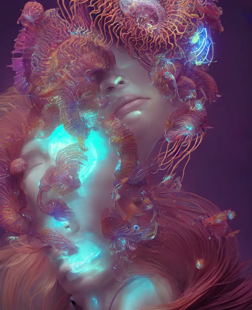 Image similar to goddess close-up portrait. chimera orchid jellyfish phoenix head, nautilus, skull, betta fish, bioluminiscent creatures, intricate artwork by Tooth Wu and wlop and beeple. octane render, trending on artstation, greg rutkowski very coherent symmetrical artwork. cinematic, hyper realism, high detail, octane render, 8k