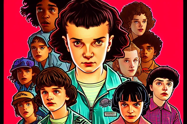 Prompt: closeup shot from the animated version Stranger Things, cartoon, detailed faces, high resolution, hyper detailed, intricate, illustrated, dramatic lighting, illustration, artstation, concept art, smooth, sharp focus, art by Alphonse Mucha and Matt Groening !n-9