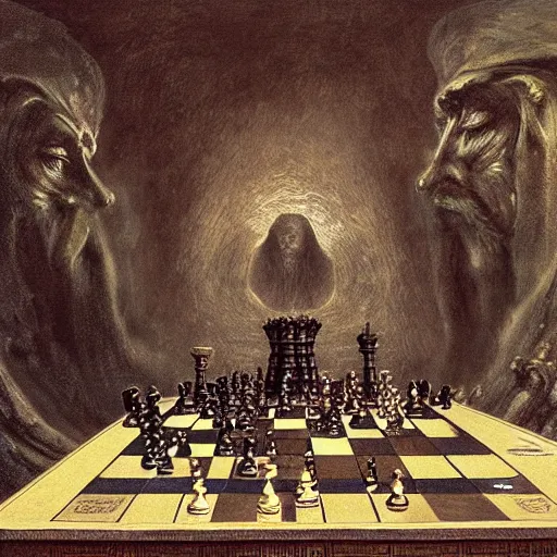 Image similar to full color and depth oil painting of the most epic chess game in all of time and space, by gustave dore, the great masters, cinematic, heavy metal album cover