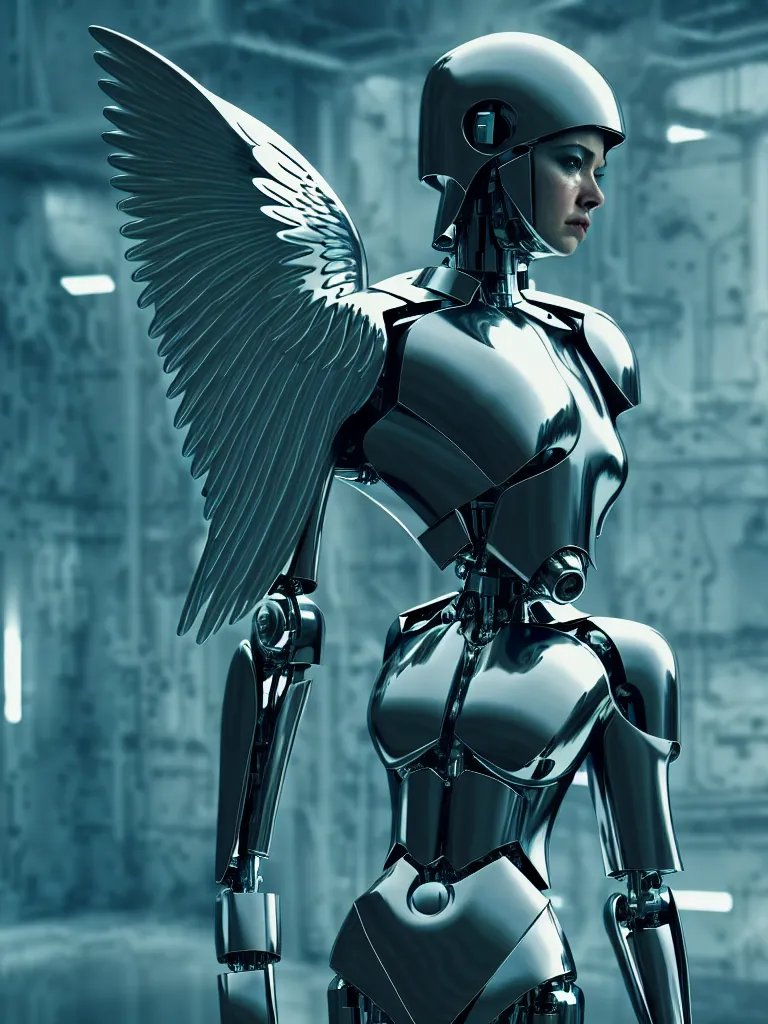 Image similar to film still of a mechanical angel in a marvel movie, science fiction industrial hard science concept art, 8K render octane high definition cgsociety, photorealistic, unreal engine 5