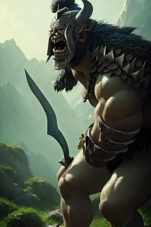 Image similar to orc barbarian wearing leather armor, full body shot, exquisite details, earth magic, mid view, design on a white background, by greg rutkowski, makoto shinkai, takashi takeuchi, studio ghibli