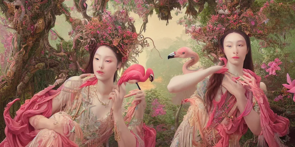 Image similar to breathtaking detailed concept art painting of the goddess of flamingo, orthodox saint, with anxious, piercing eyes, ornate background, amalgamation of leaves and flowers, by Hsiao-Ron Cheng and John James Audubon, extremely moody lighting, 8K