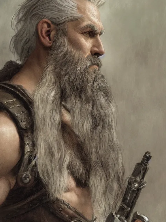 Image similar to painted portrait of rugged odin, god of war, norse god, white hair, masculine, mature, handsome, upper body, grey and silver, muscular, hairy torso, fantasy, intricate, muscular, elegant, highly detailed, digital painting, artstation, concept art, smooth, sharp focus, illustration, art by gaston bussiere and alphonse mucha