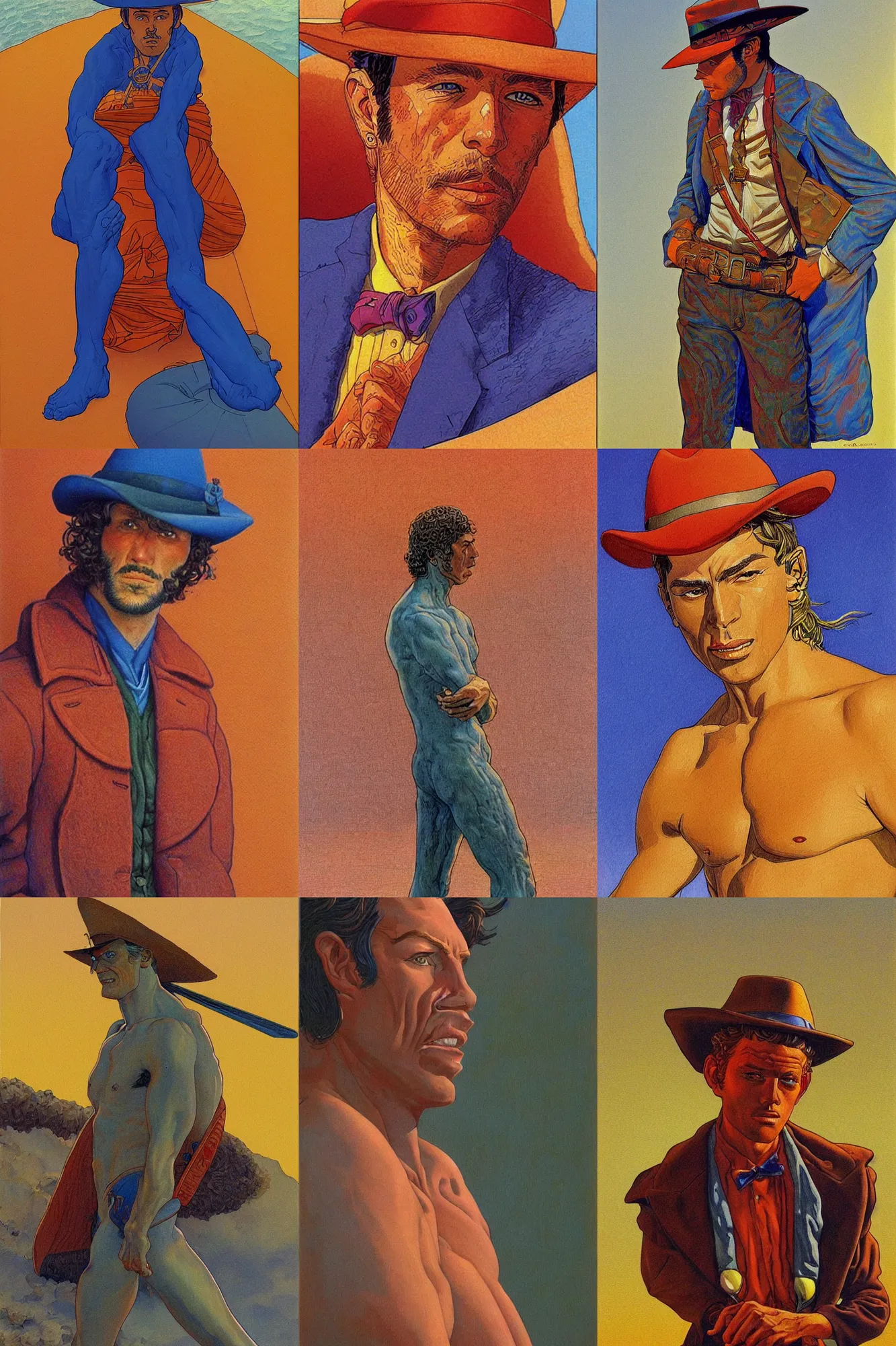Prompt: attractive male, painting by jean giraud