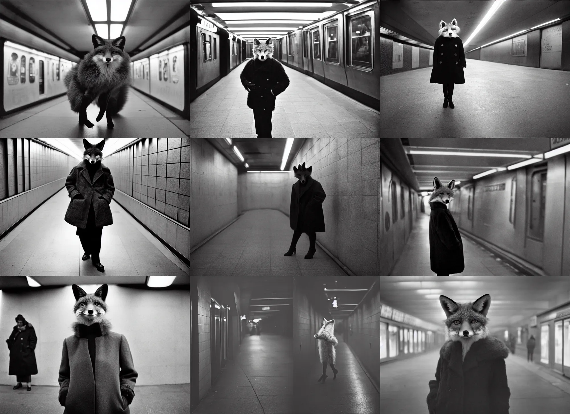 Prompt: an anthropomorphic fox wearing a coat, in a subway, by richard avedon, tri - x pan, ominous lighting
