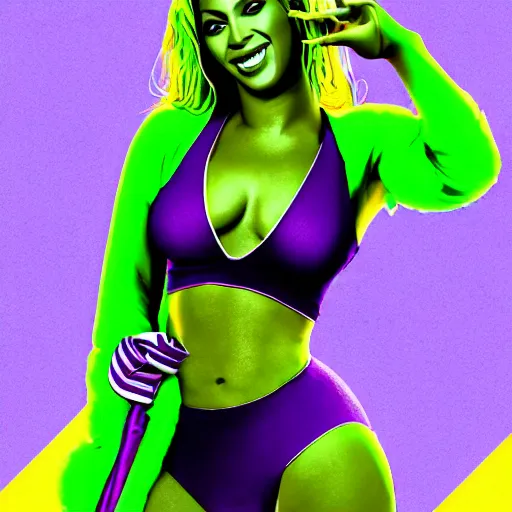 Image similar to Singer Beyoncé as She-Hulk, white leotard with two purple vertical stripes, green skin, wearing purple and white fingerless gloves, wearing purple and white sneakers, mini skirt, smiling, photorealistic, comic pinup style, sports illustrated, detailed legs, hyperreal, surreal, artstation, bokeh, tilt shift photography, photo illustration, Roge Antonio, Jen Bartel