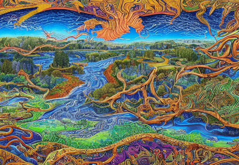 Image similar to An intricate, extremely detailed painting in a style of Alex Grey featuring a river in Europe, surrounded by trees and fields. A dinghy is slowly moving through the water. Sun is shining.