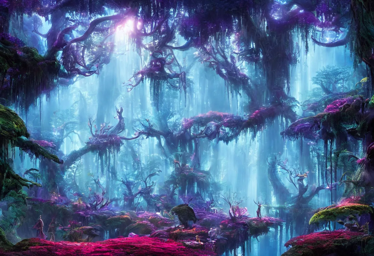 Prompt: A masterpiece digital art piece of a glowing magical forest from the movie Avatar. There are glowing blue plants, glowing red mushrooms, big trees and overhanging shrubbery. The air is fresh, stress-relieving. Heaven on earth. Trending on Artstation, cgsociety.