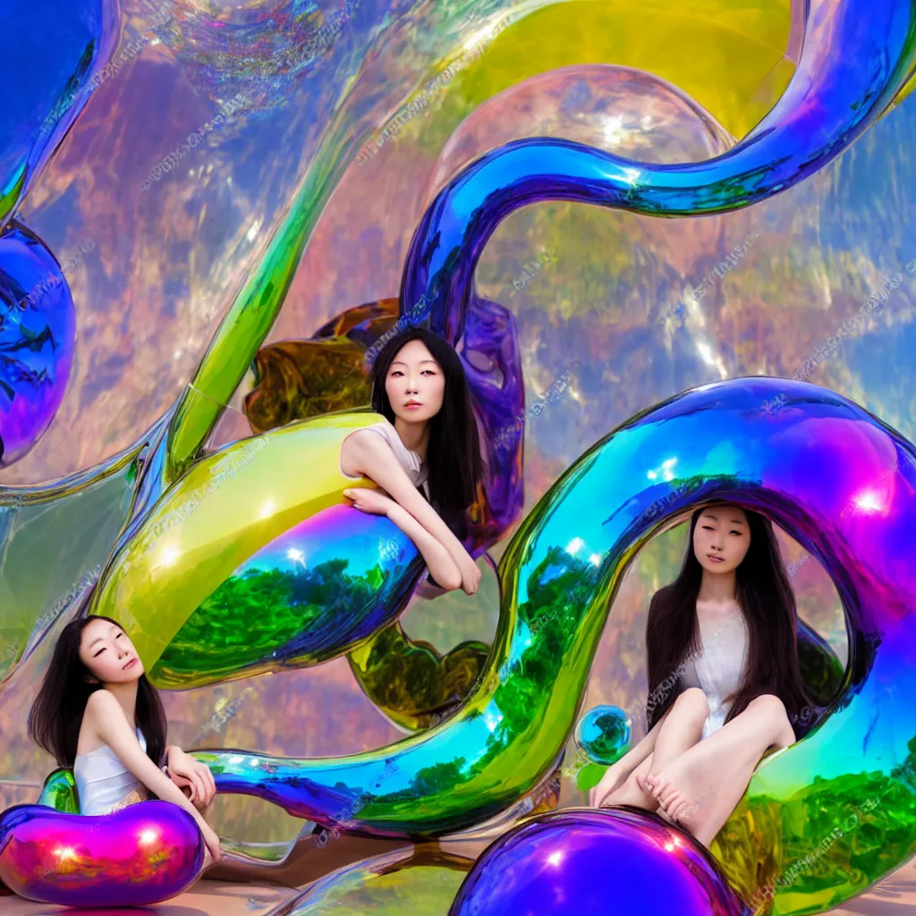 Prompt: a beautiful japanese girl sitting on an unfinished klein bottle sculptural, chroma iridescence, colors, glassy, reflective and refractive, soap bubbles floating, baroque architecture background