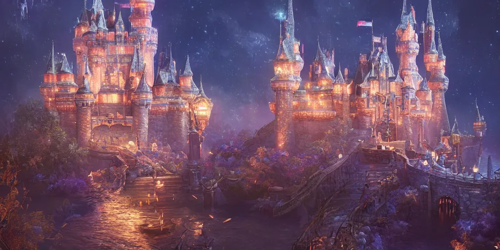 Image similar to a glittering fantasy castle at night with grand delicate walkways, extremely detailed oil painting, unreal 5 render, fantasy digital art, octane render, beautiful composition, trending on artstation, award-winning photograph, masterpiece