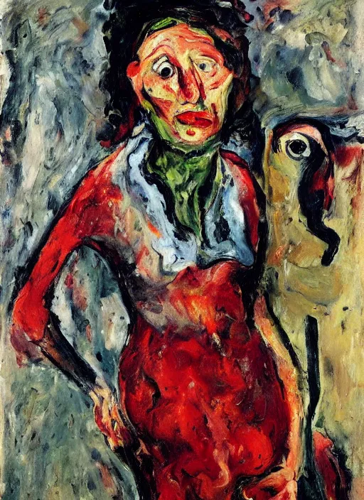 Prompt: an oil painting of a woman looking distressed, intense eyes, in a red dress posing with meat in expressive style of Chaim Soutine and Frank Auerbach, palette of maroon alizarin and dark gray greens, thick impasto painting technique