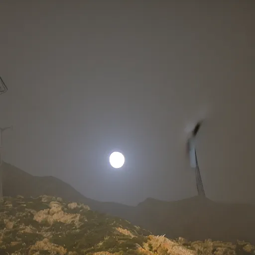 Image similar to Night photography of a misty mountain with a radio tower on top, and a yellow moon directly behind it. Lens compression