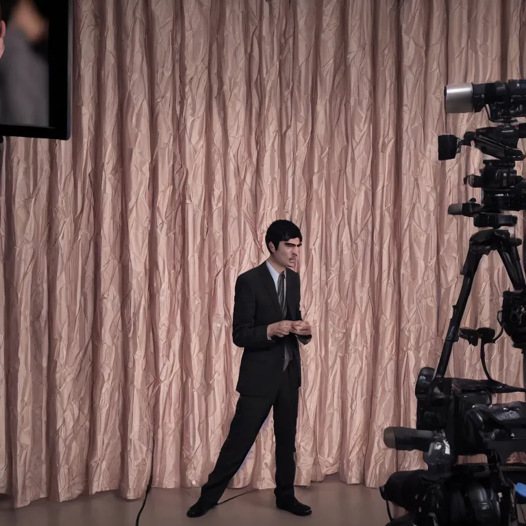 Image similar to focused dslr photograph of nathan fielder from nathan for you on comedy central controlling a puppet version of himself filmed by a tv crew on a stage with a red curtain, meta, fractal, trippy, television ad, high detail!!! 8 k, photorealism, sharp focus, volumetric lighting, coherent!!! art directed, rule of thirds, face