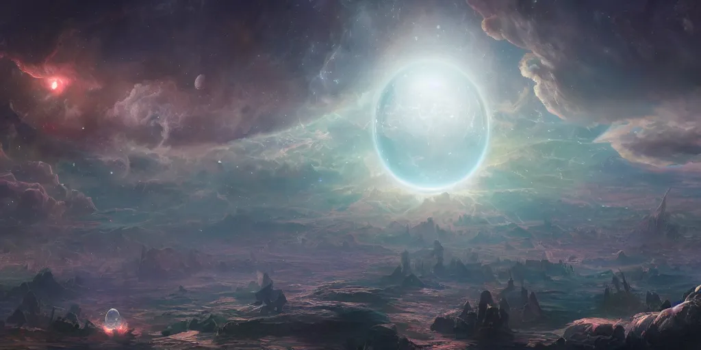 Prompt: Cosmic inflation bubbles peaking through the clouds, council of Gods having a meeting, character art, concept art, matte painting, 8k, highly detailed, artstation, light being, high quality,