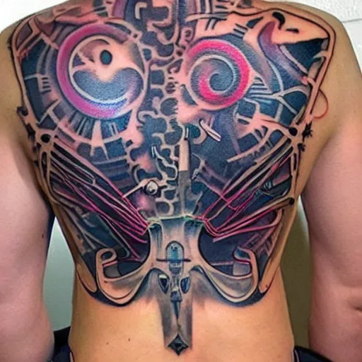 Image similar to backside on the shoulders is a tattoo of a 3 d hole in the skin with multicolored 3 d robotic mechanics and glowing spiral cable hose inside under the skin, insanely integrate,