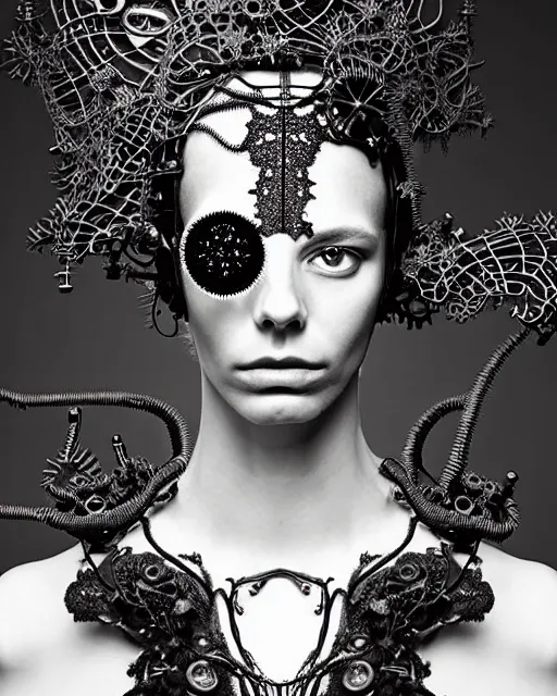 Image similar to surreal black and white photo portrait of complex bio-mechanical beautiful young female vegetal-cyborg with a Mandelbrot fractal steampunk metal fine lace face, a very long neck and a fine metal floral foliage super big lace collar by Alexander McQueen:: smoke, high fashion, haute couture, rococo, steampunk, silver filigree details, anatomical, facial muscles, cable wires, microchip, elegant, dreamy, foggy atmosphere, hyper realistic, 150 mm lens, soft rim light, octane render, unreal engine, picture was taken in 1910 by Man Ray, volumetric lighting, dramatic light,8k,