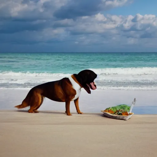 Image similar to Dog with white hat on the beach having a picknick